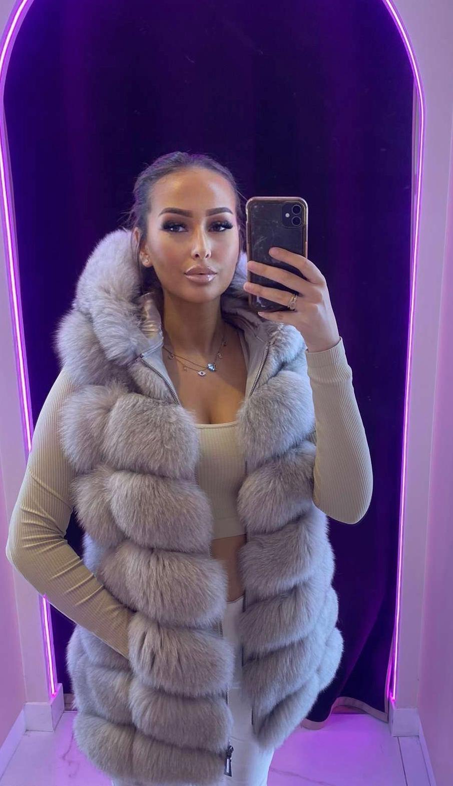 Fourrure de luxe à capuche renard et cuir