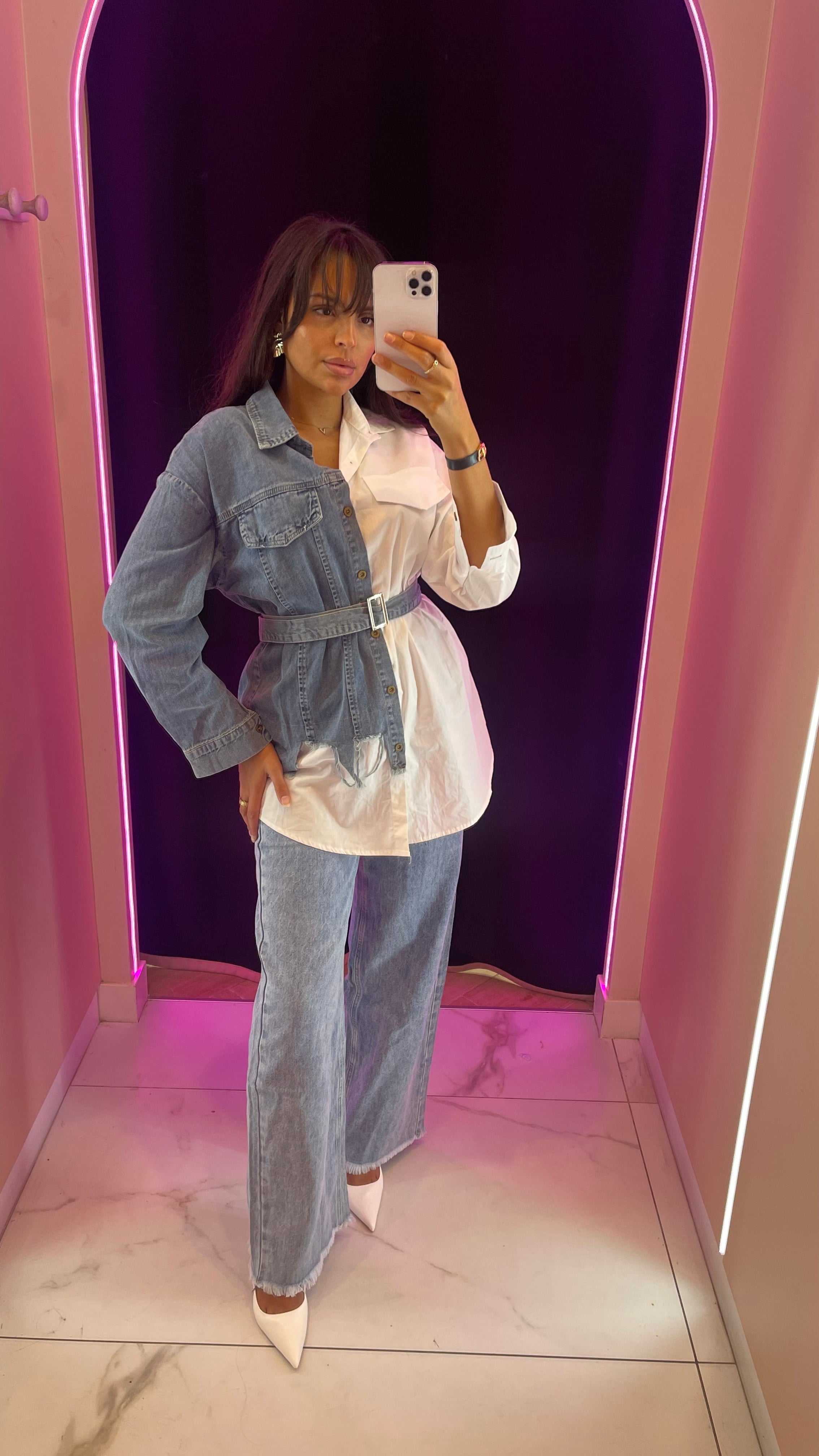 Chemise bi matière avec ceinture