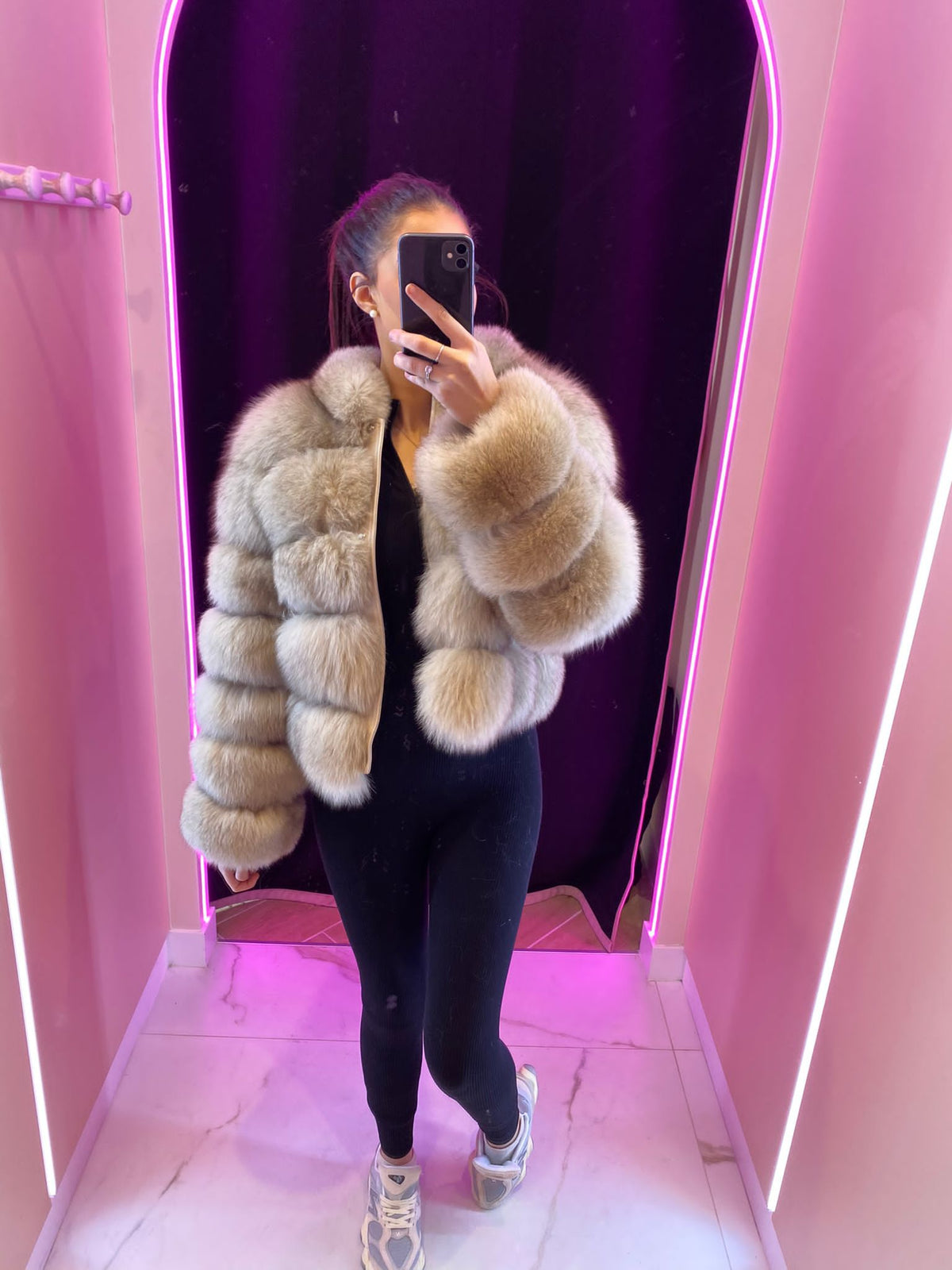 Manteau En Fourrure De Renard Et Cuir Authentique - Taille 42 - Occasion Très Bon État